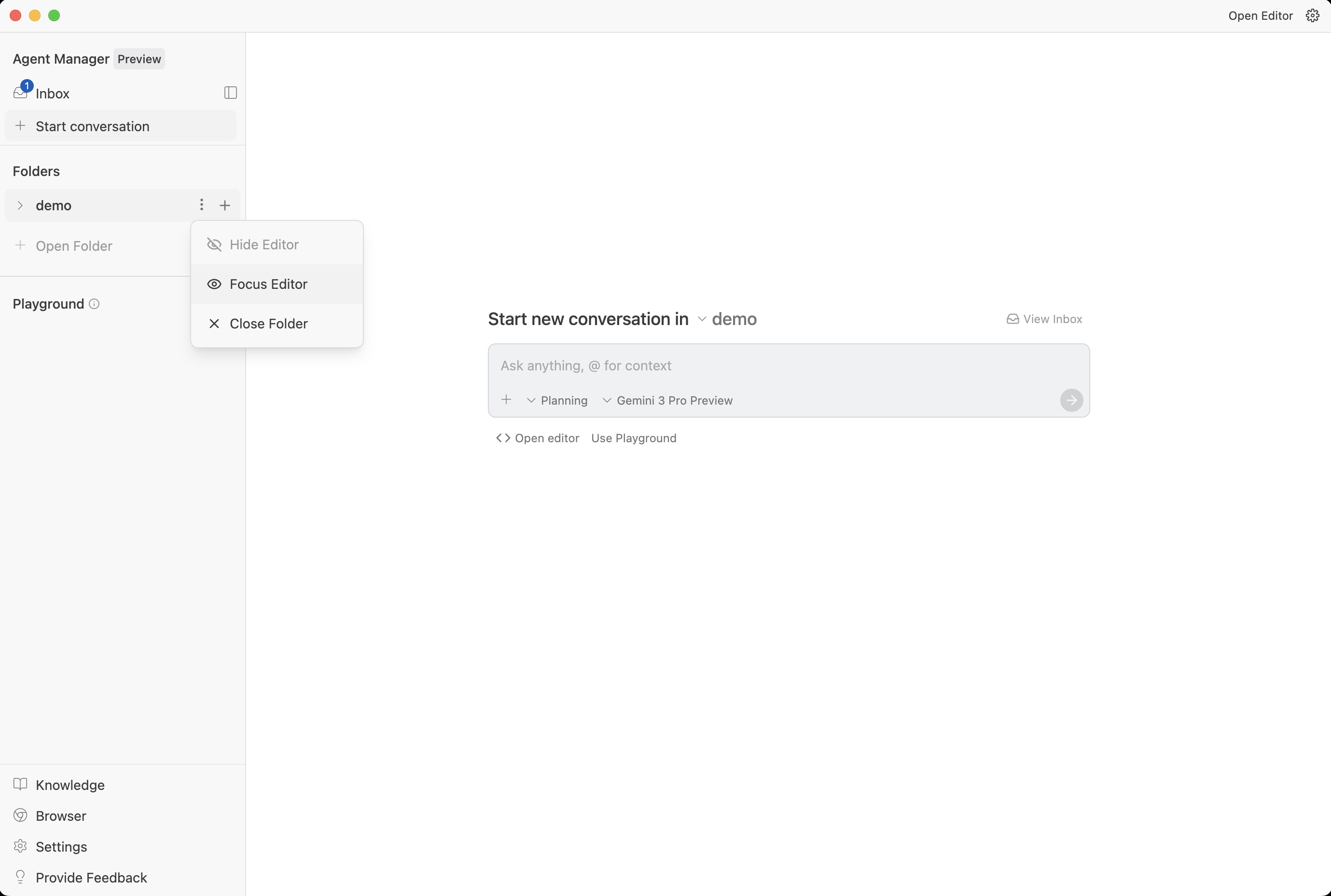Open the editor from the Agent Manager in Antigravity IDE